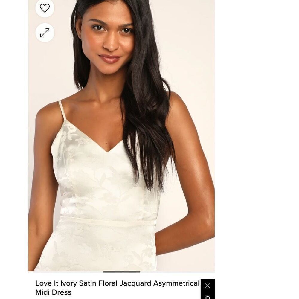 Lulus NWT Love It Ivory Satin Floral Jacquard Asymmetrical Midi Dress Medium (R1 - Picture 2 of 9